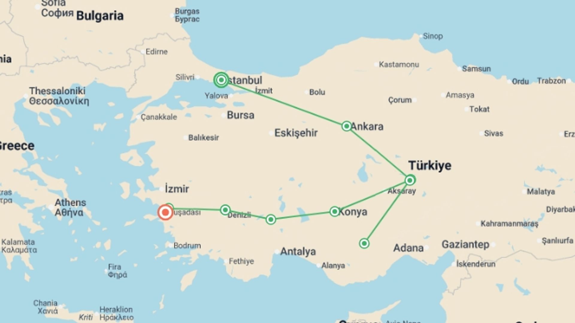 A map showing the tour itinerary for the trip: Ancient Turkey Tour, starting in Istanbul, Turkey and ending in Kusadasi, Turkey going through 5 other destinations.