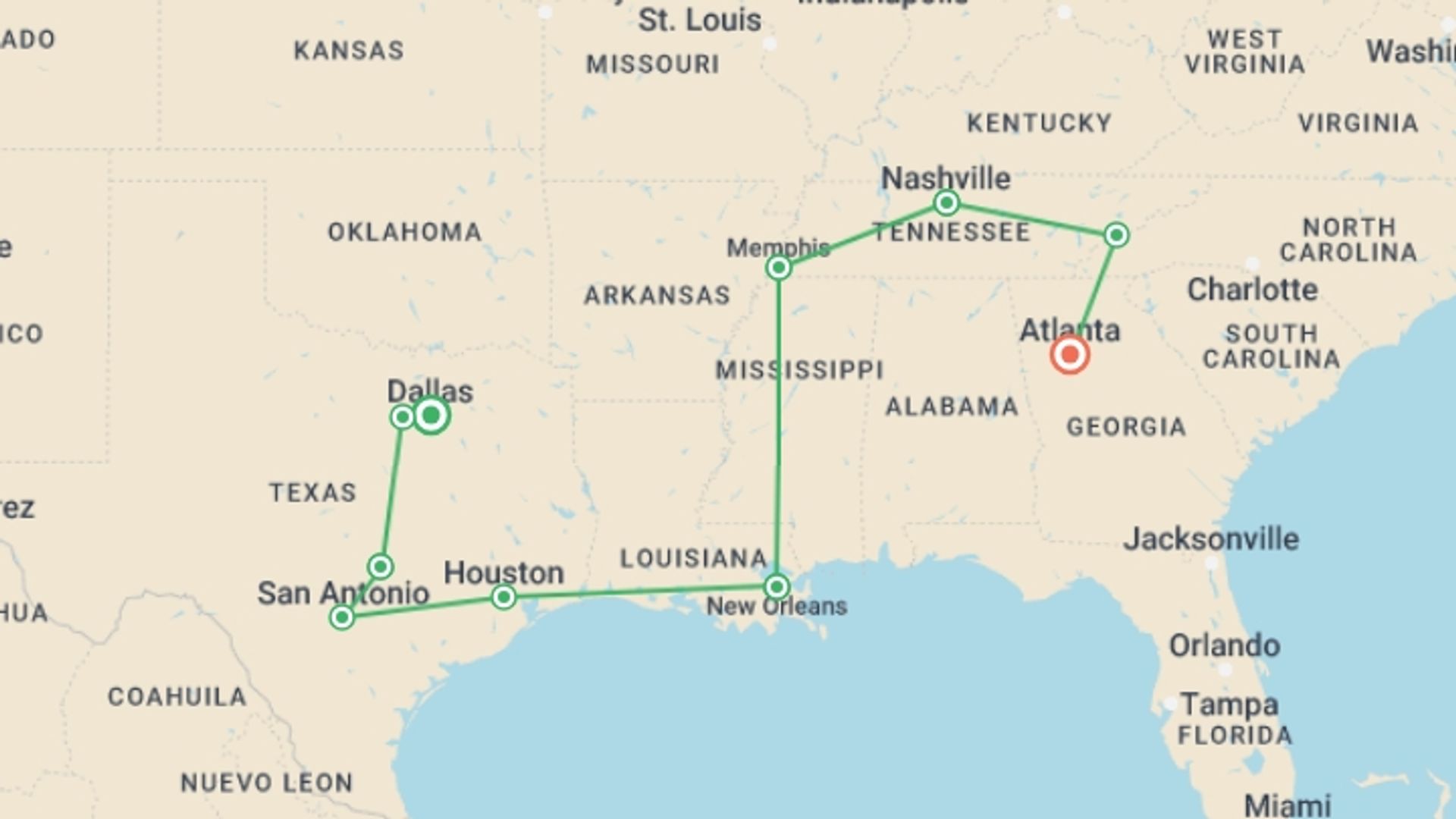 A map showing the tour itinerary for the trip: USA: Boot, Scoot 'N' Blues, starting in Dallas, USA and ending in Atlanta, USA going through 9 other destinations.