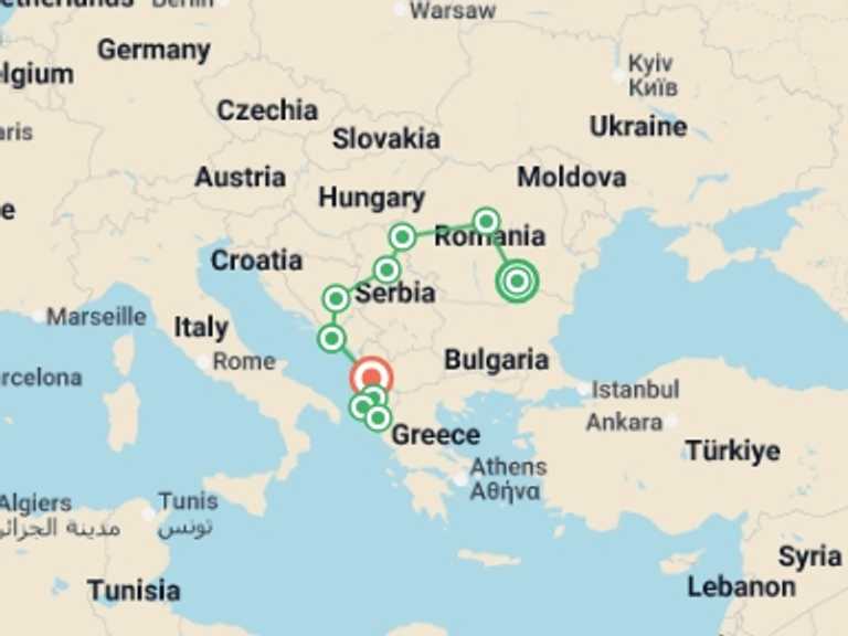 Map itinerary of Europe Tour in January 2027 with 10 destination visits for the trip: Romania and the Balkans with Albania