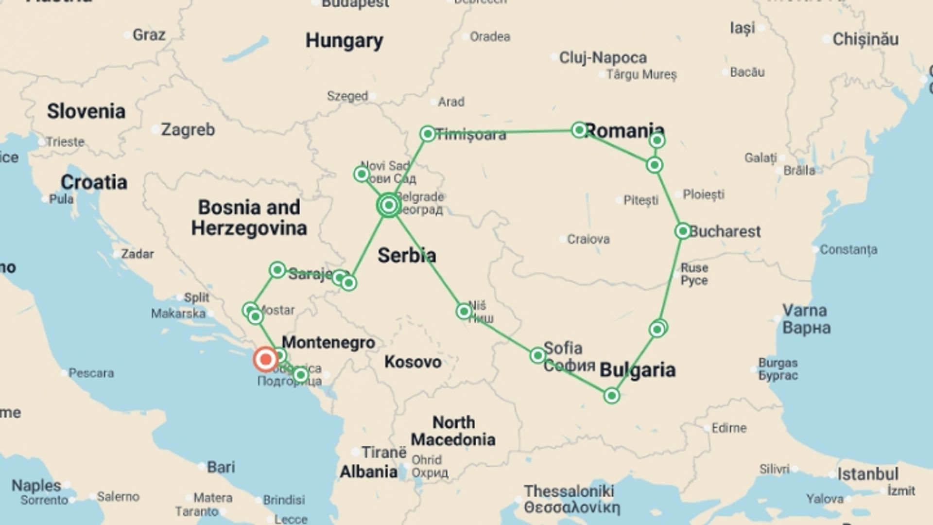 A map showing the tour itinerary for the trip: Central Balkans Explorer - 19 days, starting in Belgrade, Serbia and ending in Dubrovnik, Croatia going through 9 other destinations.