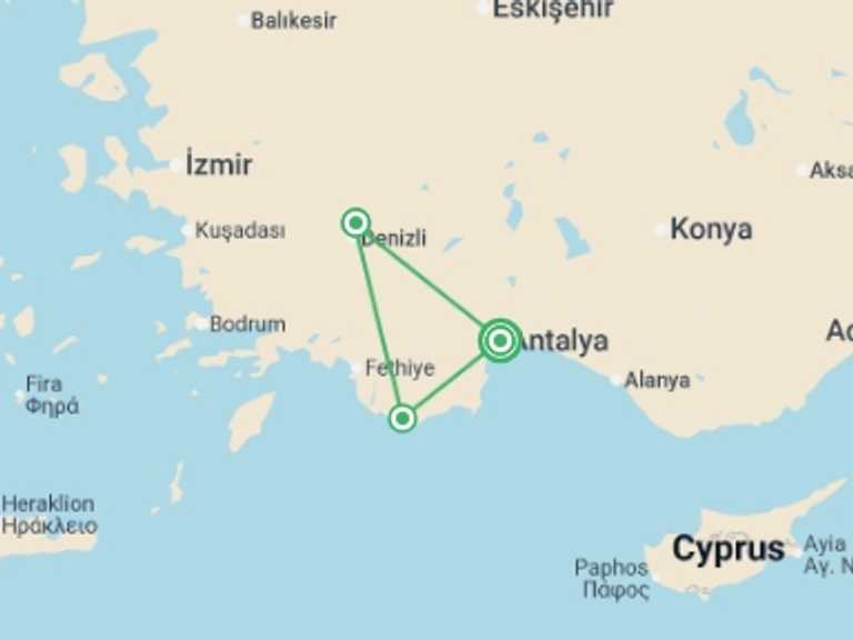 Map itinerary of Balkans Tour in Fall with 3 destination visits for the trip: Antalya, Pamukkale And Kas, Self-drive