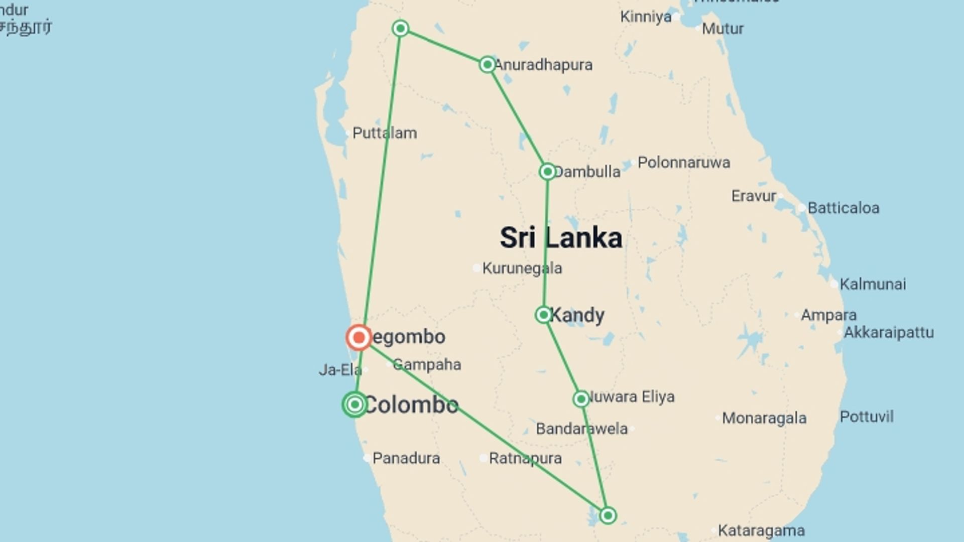 A map showing the tour itinerary for the trip: Journeys: Discover Sri Lanka, starting in Colombo, Sri Lanka and ending in Negombo, Sri Lanka going through 6 other destinations.