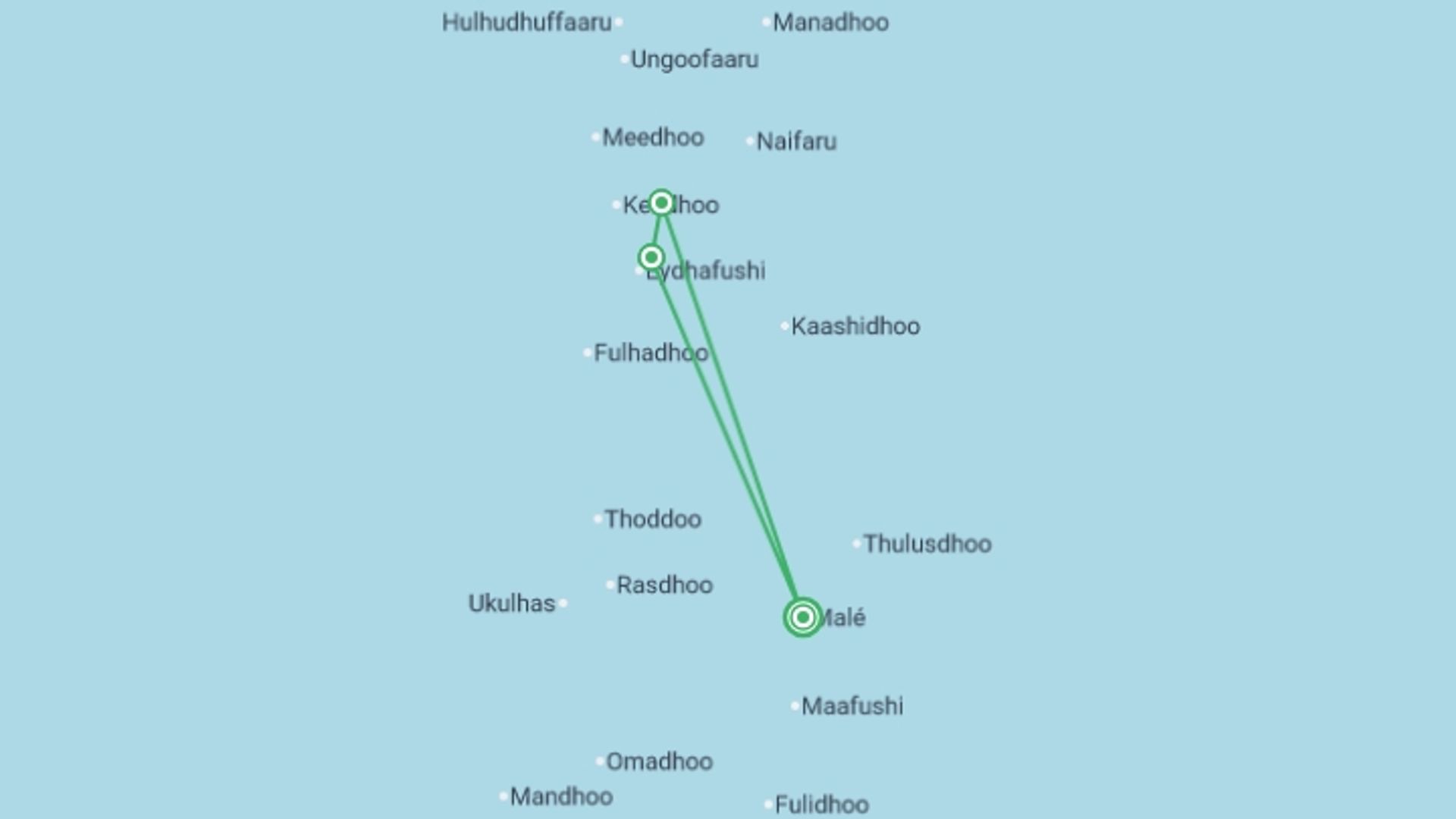 A map showing the tour itinerary for the trip: Maldives Baa Atoll Adventure - 8 days, starting in Male, Maldives and ending in Male, Maldives going through 2 other destinations.