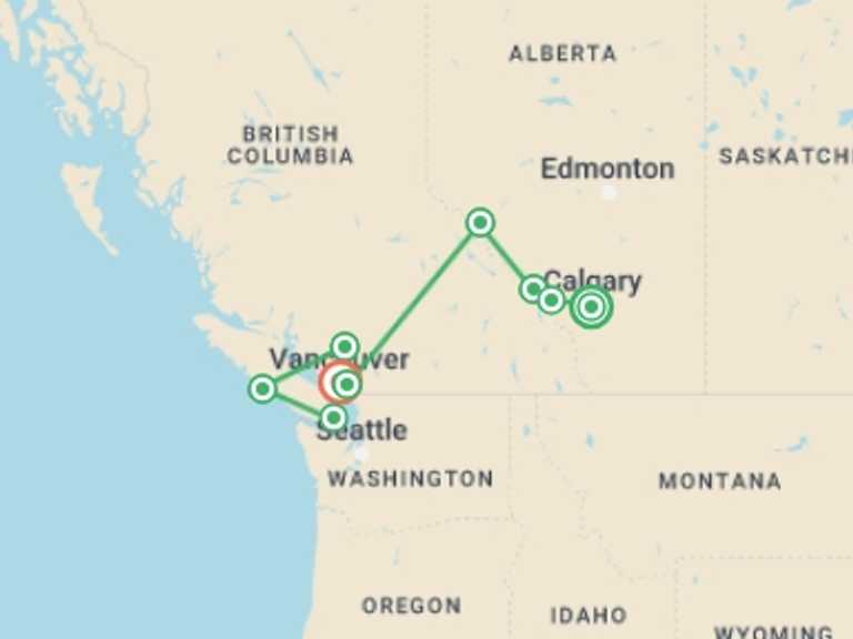 Map itinerary of Canada Tour in Spring with 9 destination visits for the trip: Canadian Rockies: National Parks Westbound