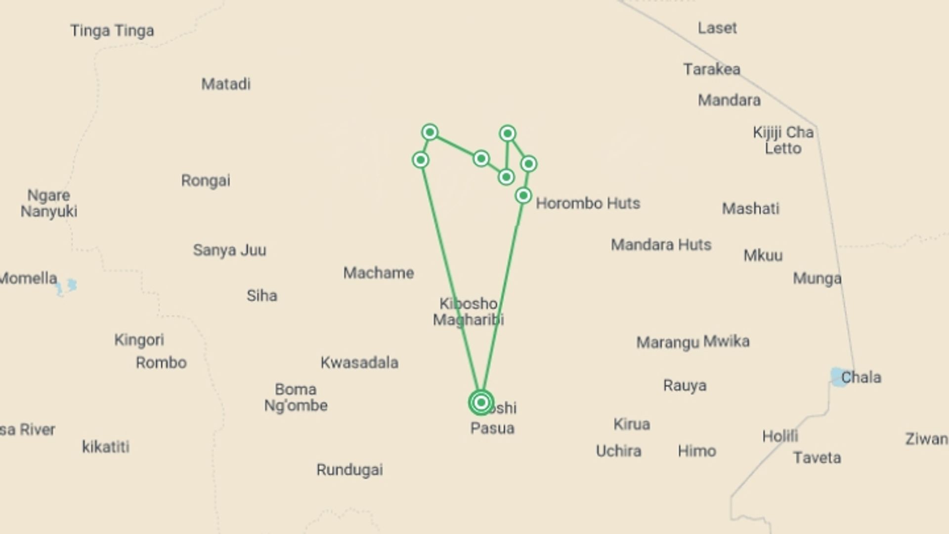 A map showing the tour itinerary for the trip: Mount Kilimanjaro Bamba Trek (Machame Route) 9D/8N, starting in Moshi, Tanzania and ending in Moshi, Tanzania going through 6 other destinations.