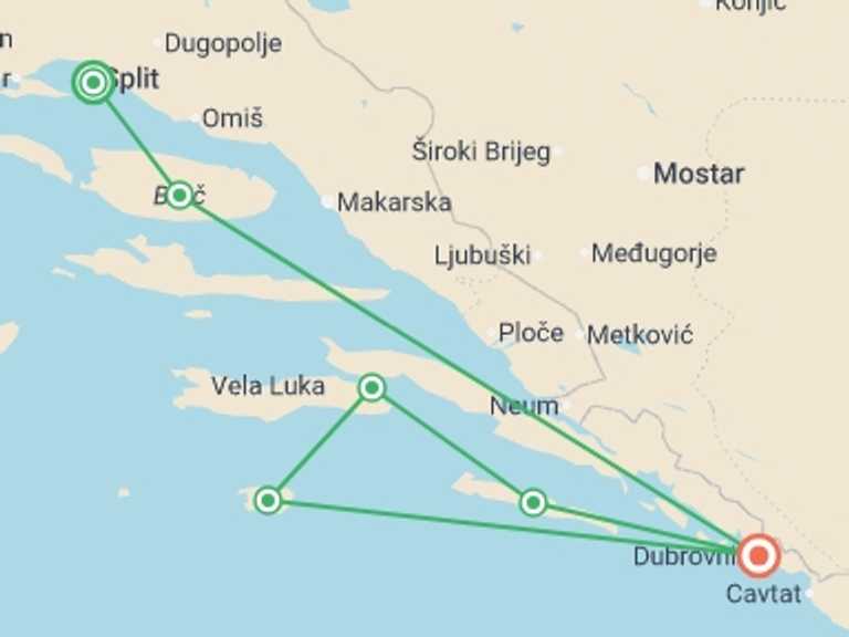 Map itinerary of Split Tour in August 2027 with 6 destination visits for the trip: Croatia Sailing Adventure: Split to Dubrovnik