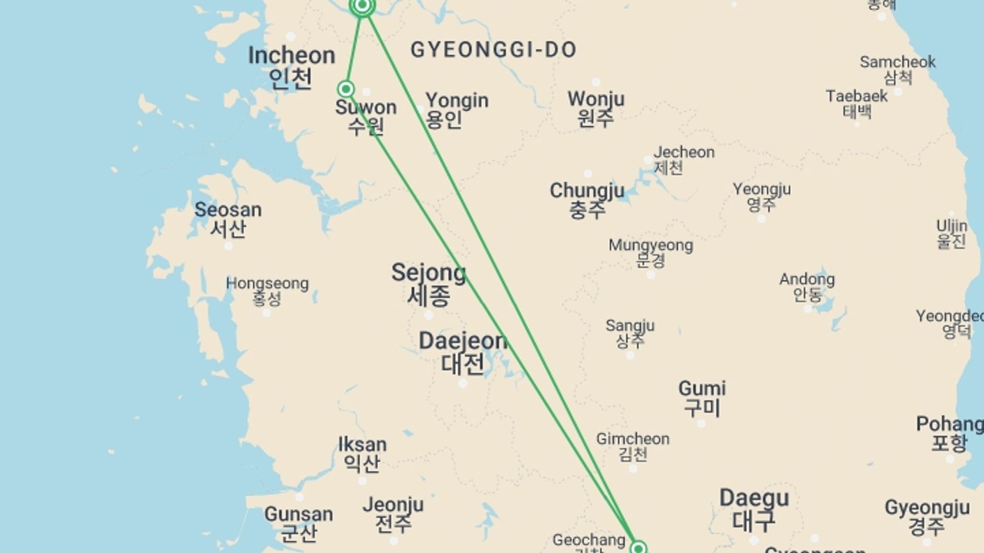 A map showing the tour itinerary for the trip: Korea Express, starting in Seoul, South Korea and ending in Seoul, South Korea going through 2 other destinations.