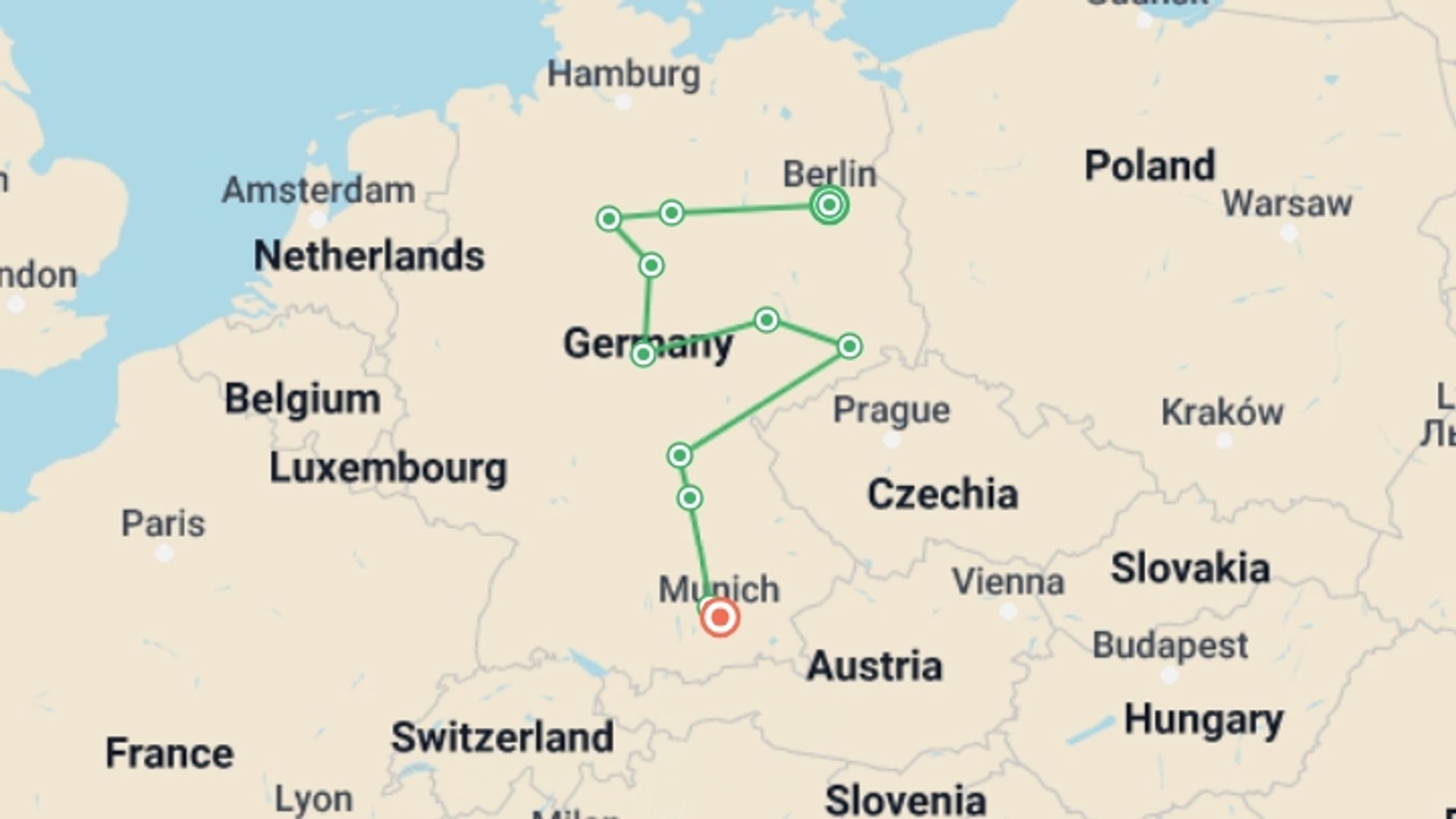 A map showing the tour itinerary for the trip: Authentic Germany with Berlin, starting in Berlin, Germany and ending in Munich, Germany going through 4 other destinations.