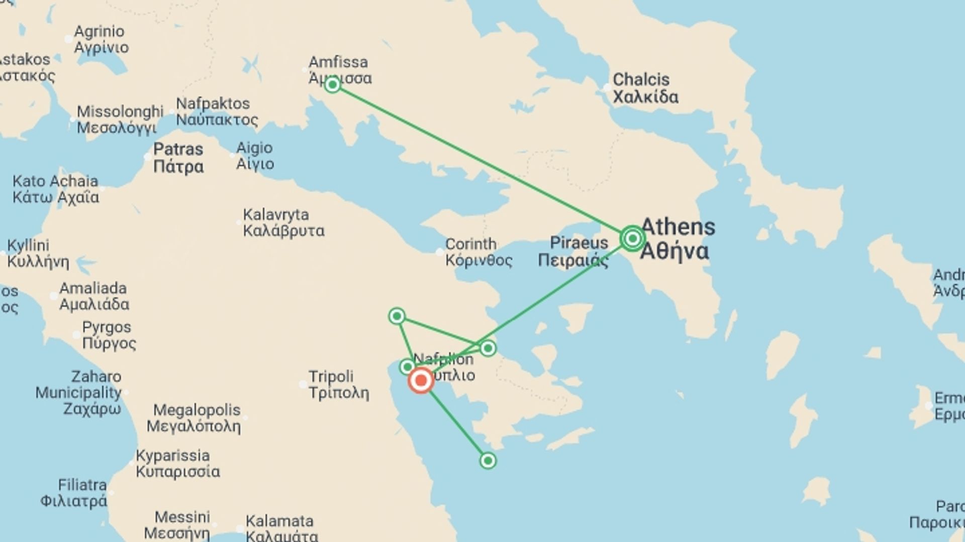 A map showing the tour itinerary for the trip: Ancient Greece Uncovered - 8 days, starting in Athens, Greece and ending in Tolo, Greece going through 0 other destinations.