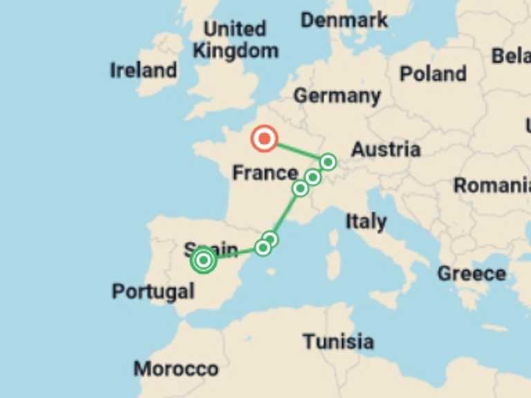 Map of France and Spain Tour with 7 destination visits for the trip: Spain, Switzerland and Paris