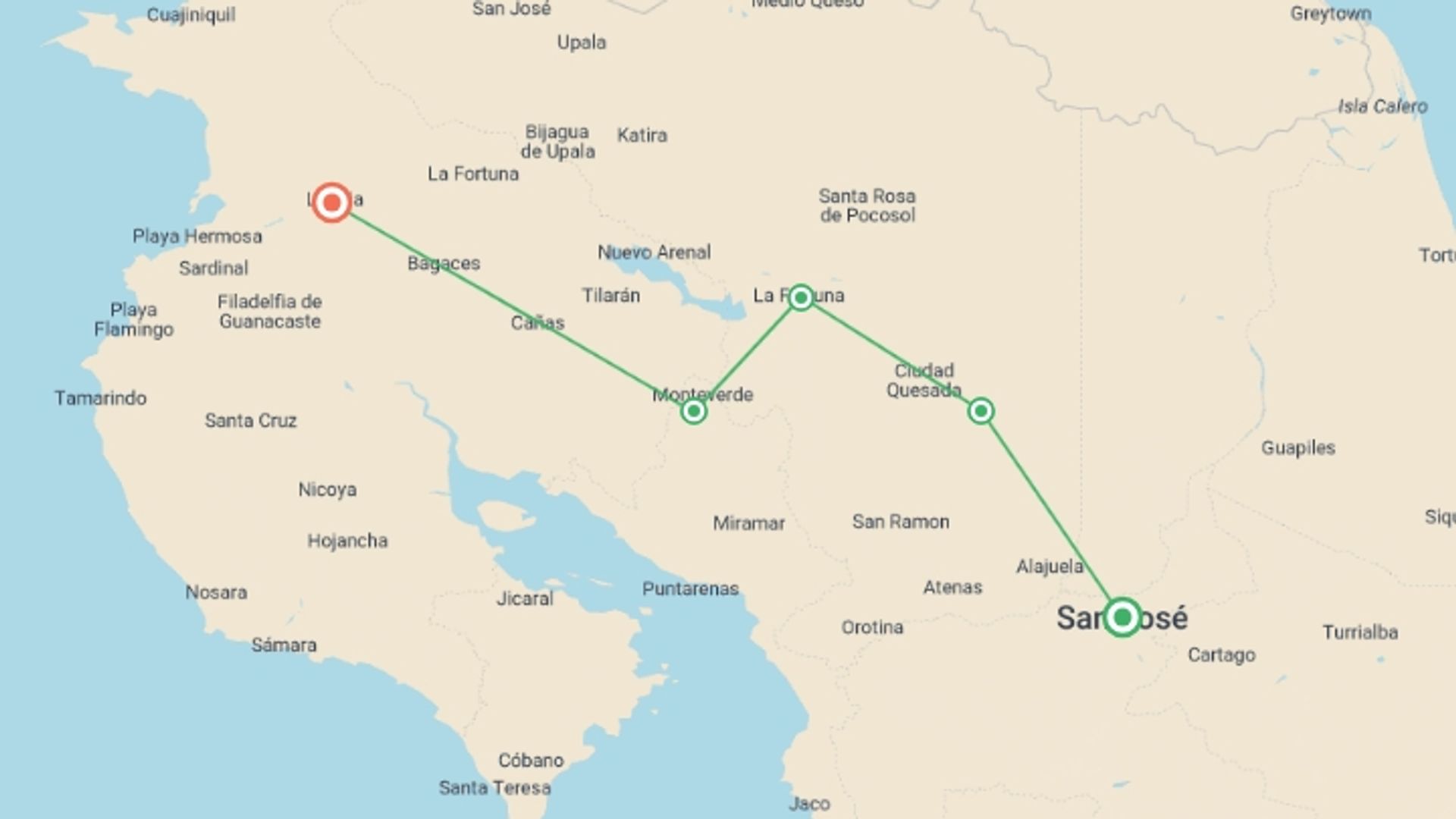 A map showing the tour itinerary for the trip: Signature: Costa Rica's Monteverde, Arenal & Guanacaste, starting in San Jose, Costa Rica and ending in Guanacaste, Costa Rica going through 3 other destinations.