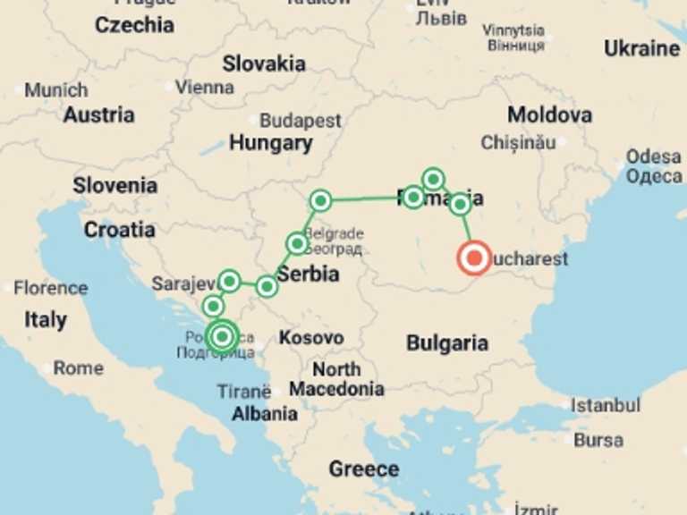 Map itinerary of Europe Tour in September 2026 with 10 destination visits for the trip: Premium Dubrovnik to Bucharest