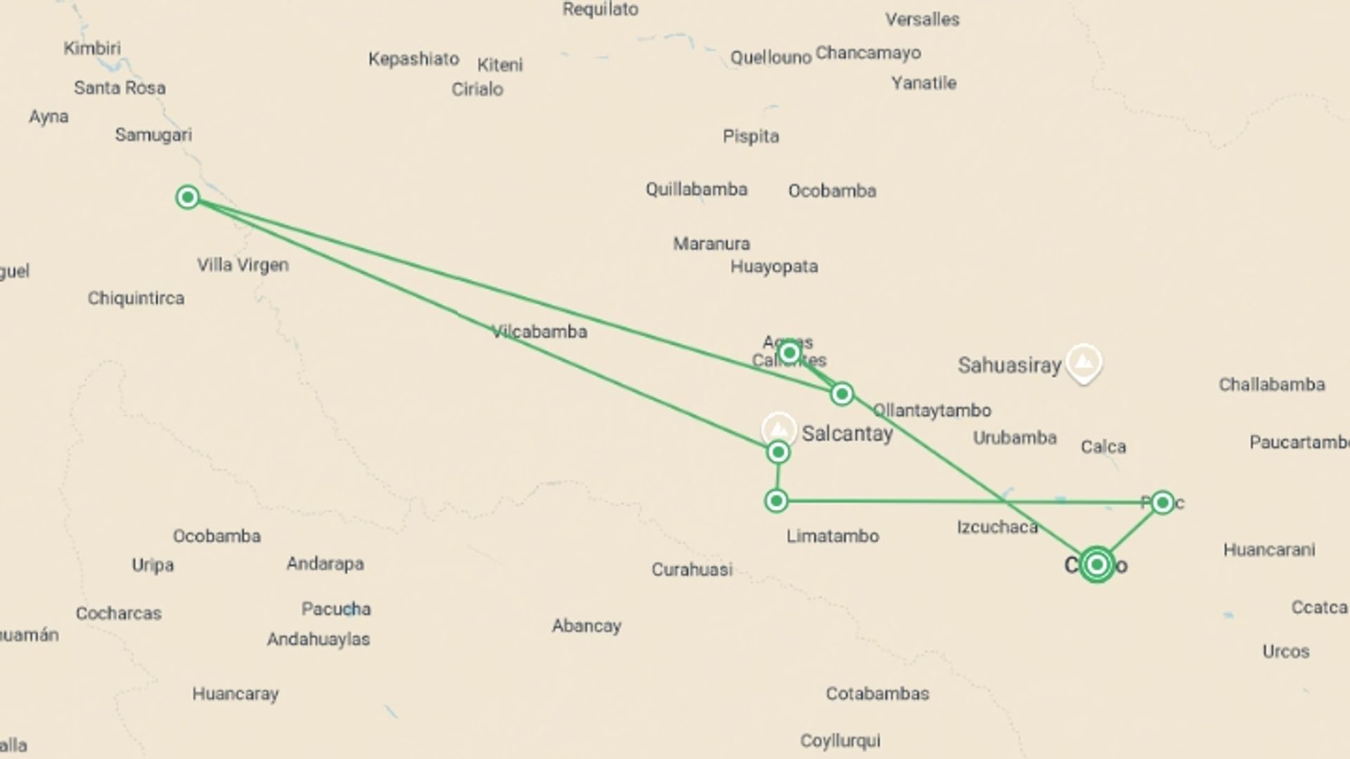 A map showing the tour itinerary for the trip: Salkantay Trek to Machu Picchu , starting in Cusco, Peru and ending in Cusco, Peru going through 7 other destinations.
