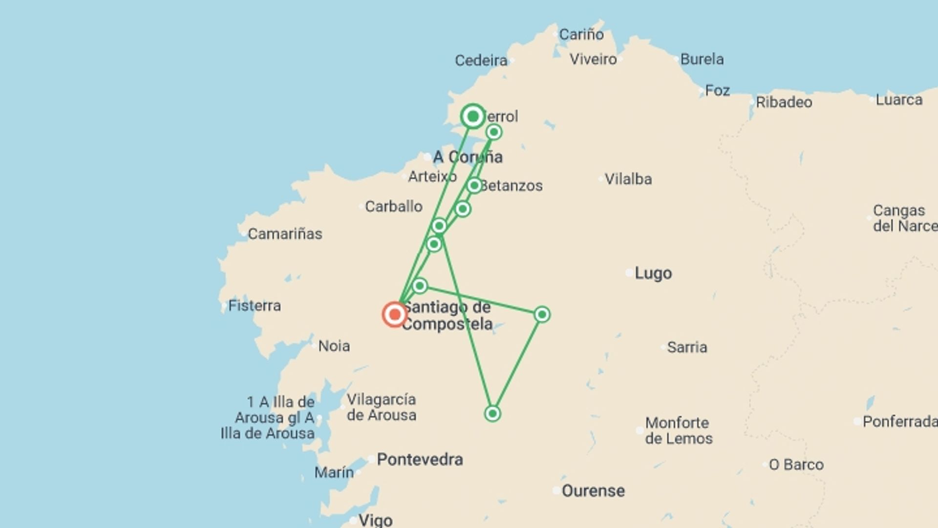 A map showing the tour itinerary for the trip: Camino Ingles: The English Way to Santiago de Compostela, starting in Ferrol, Spain and ending in Santiago De Compostela, Spain going through 4 other destinations.
