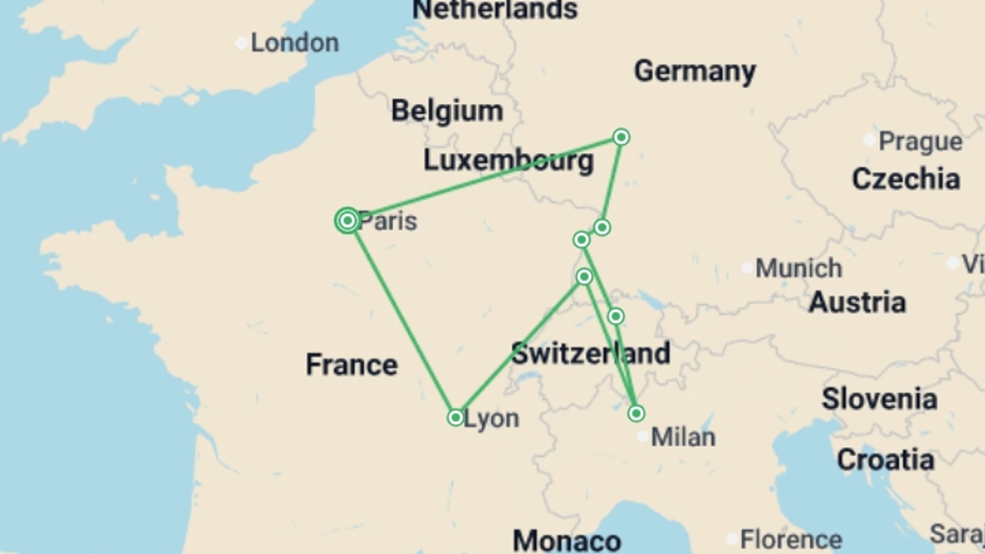A map showing the tour itinerary for the trip: France and Switzerland with Alsace and Black Forest, starting in Paris, France and ending in Paris, France going through 7 other destinations.