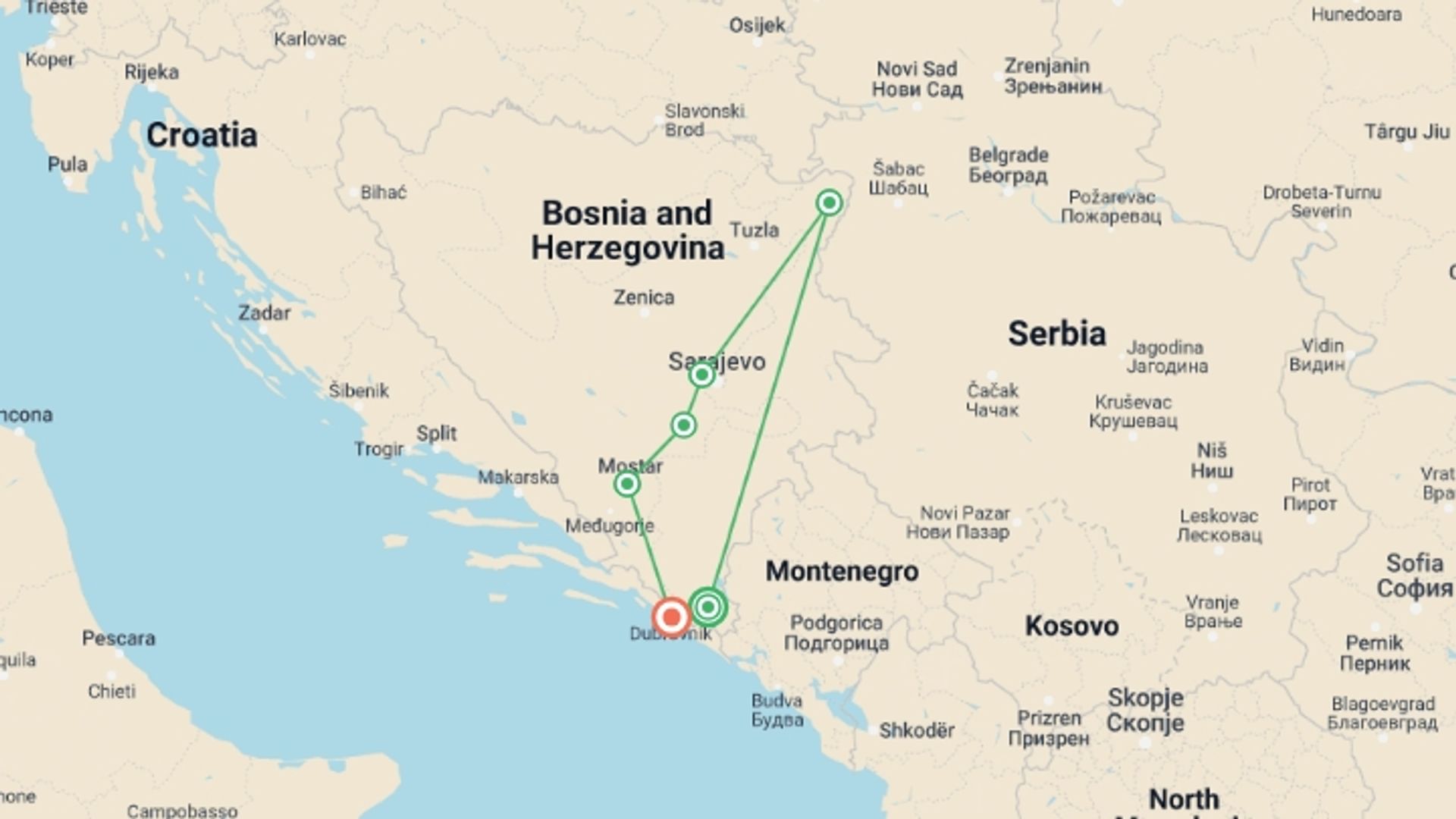 A map showing the tour itinerary for the trip: Walking in Bosnia & Herzegovina, starting in Trebinje, Bosnia Herzegovina and ending in Dubrovnik, Croatia going through 4 other destinations.