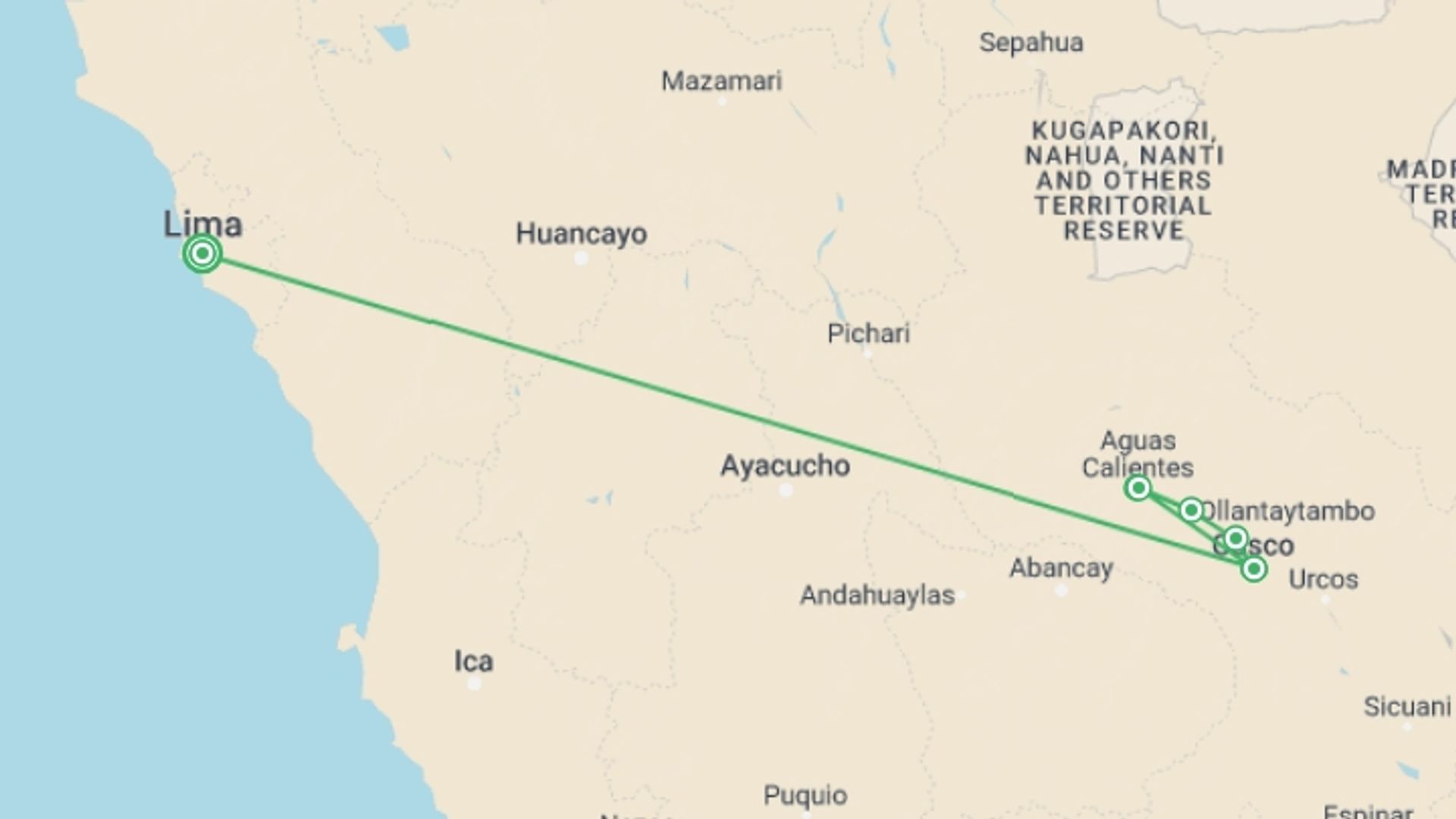 A map showing the tour itinerary for the trip: Extraordinary Peru, Private Tour, starting in Lima, Peru and ending in Lima, Peru going through 2 other destinations.