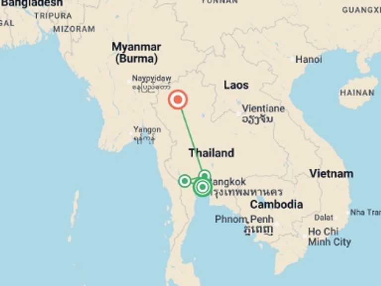 Map itinerary of Kanchanaburi Tour in Spring with 4 destination visits for the trip: Thailand Family Holiday