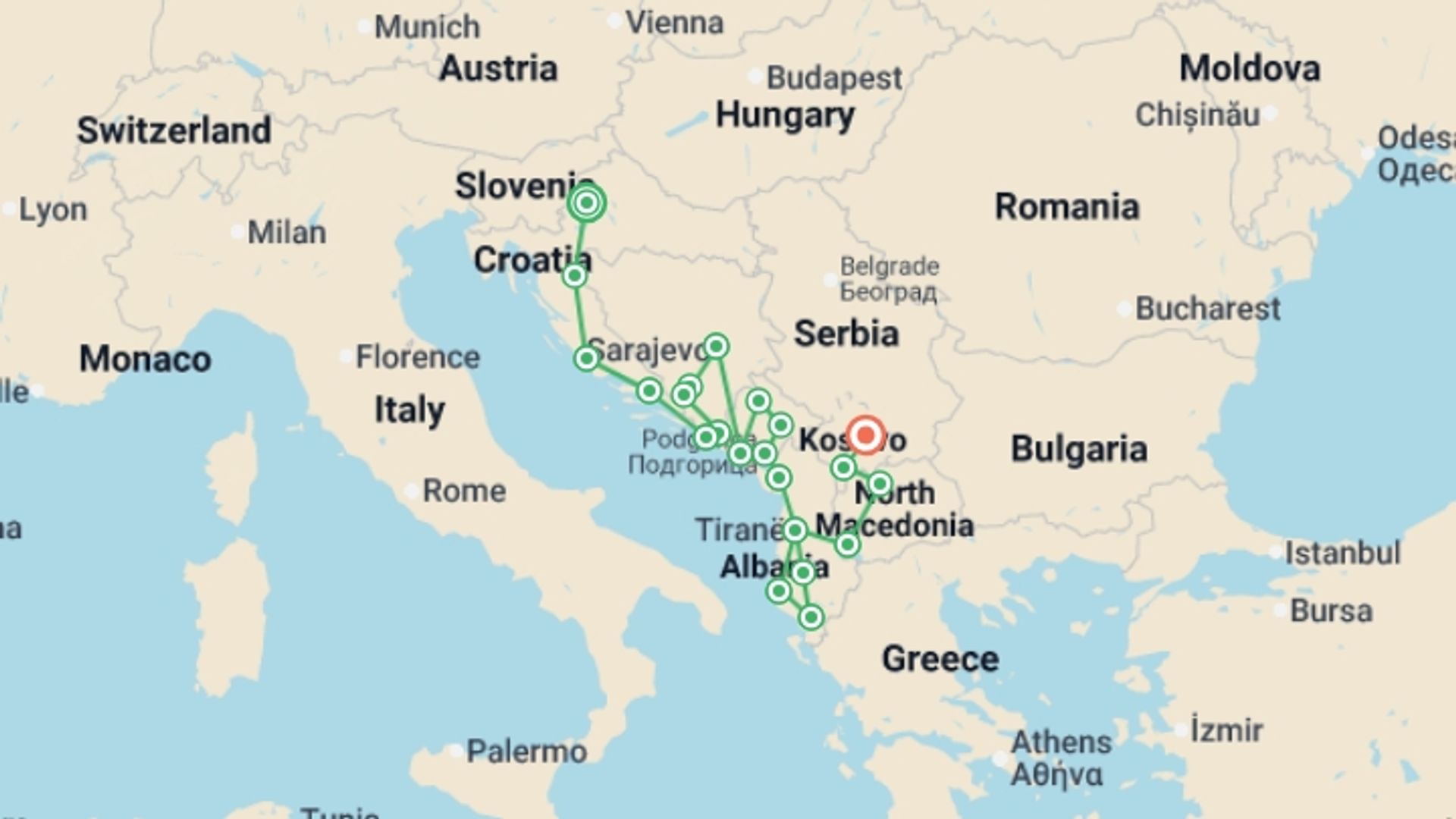 A map showing the tour itinerary for the trip: Balkans Uncovered: Zagreb to Pristina, starting in Zagreb, Croatia and ending in Pristina, Kosovo going through 20 other destinations.