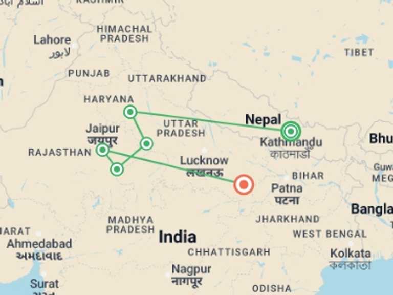 Map of 14-Day Kathmandu Tour with 2 destination visits for the trip: Best of India
