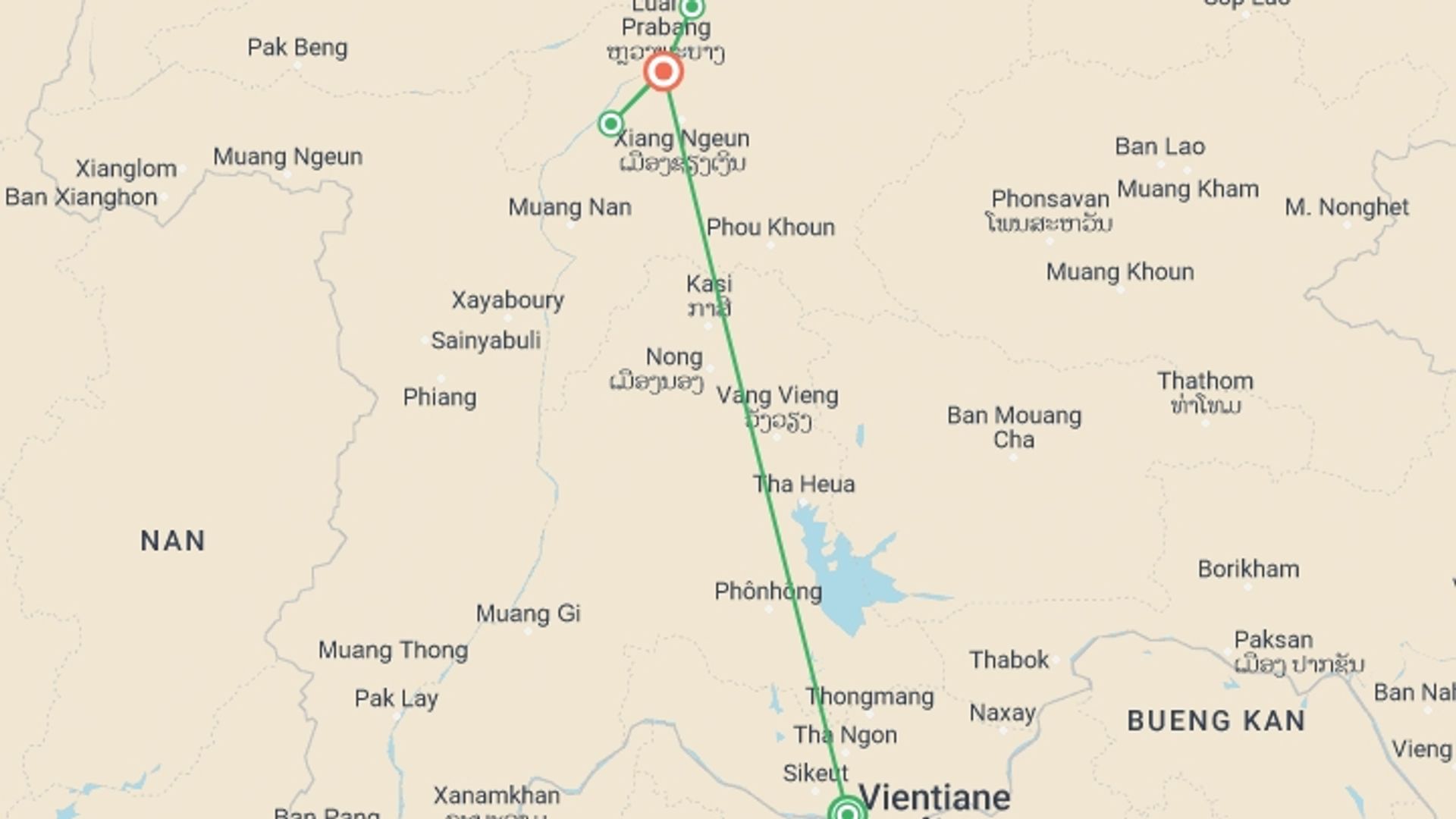 A map showing the tour itinerary for the trip: Classic Laos Premium Small Group Tour, starting in Vientiane, Laos and ending in Luang Prabang, Laos going through 0 other destinations.