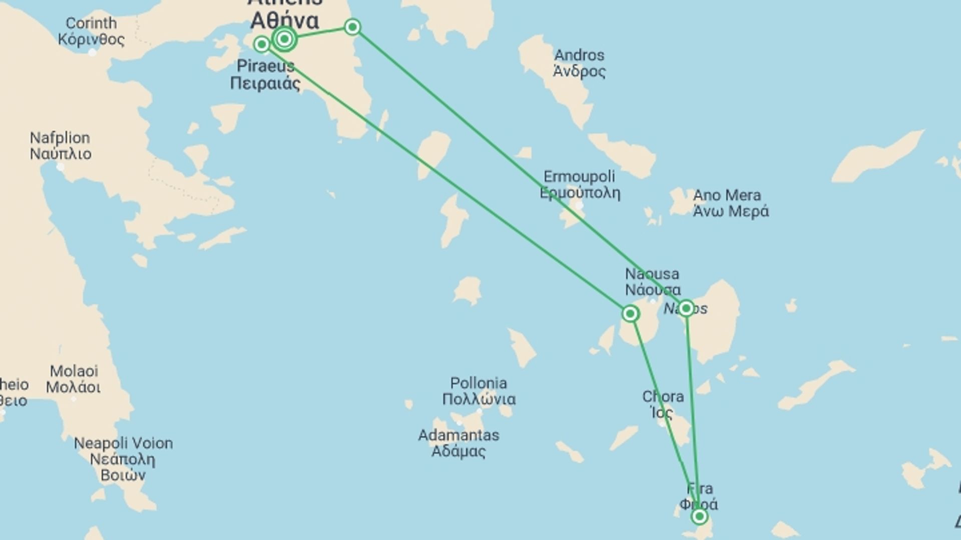A map showing the tour itinerary for the trip: Walking on the Greek Islands, starting in Athens, Greece and ending in Athens, Greece going through 6 other destinations.