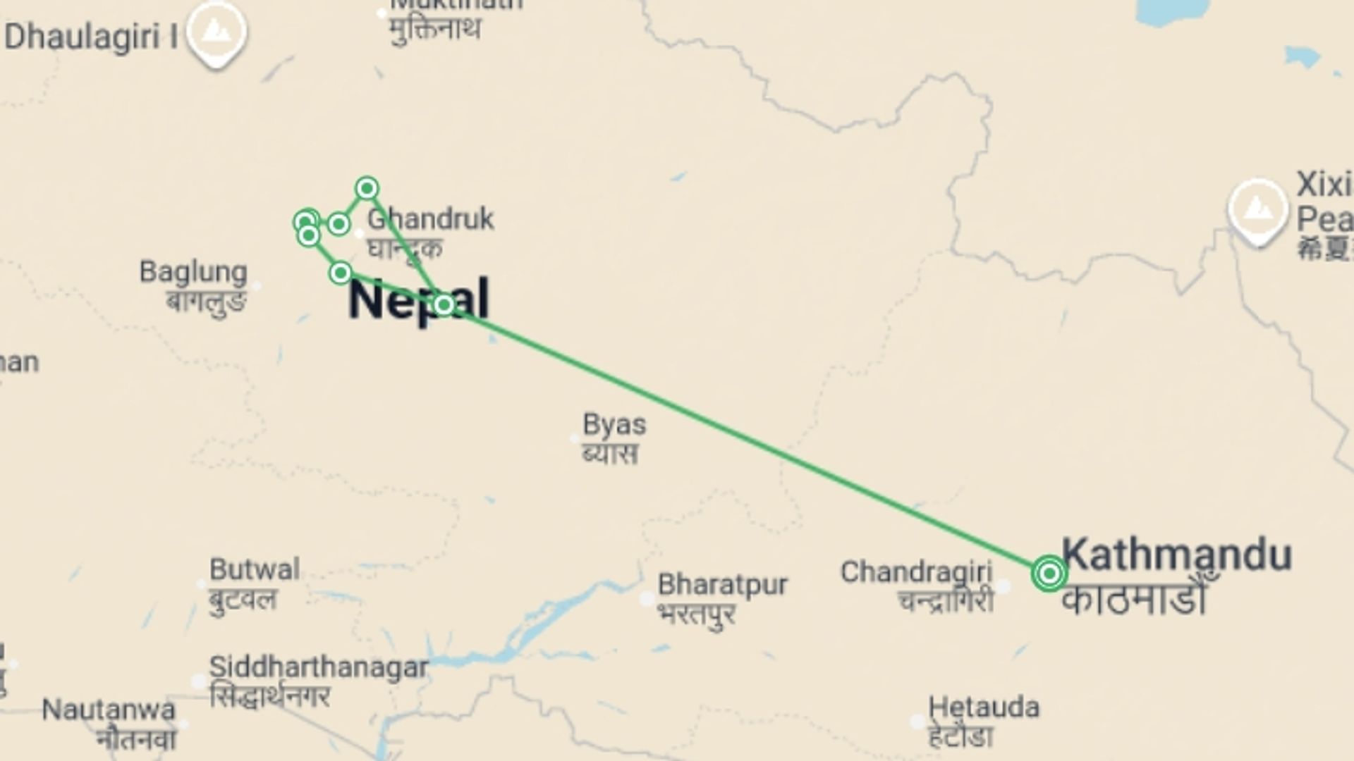 A map showing the tour itinerary for the trip: Annapurna Trek in Comfort, starting in Kathmandu, Nepal and ending in Kathmandu, Nepal going through 5 other destinations.