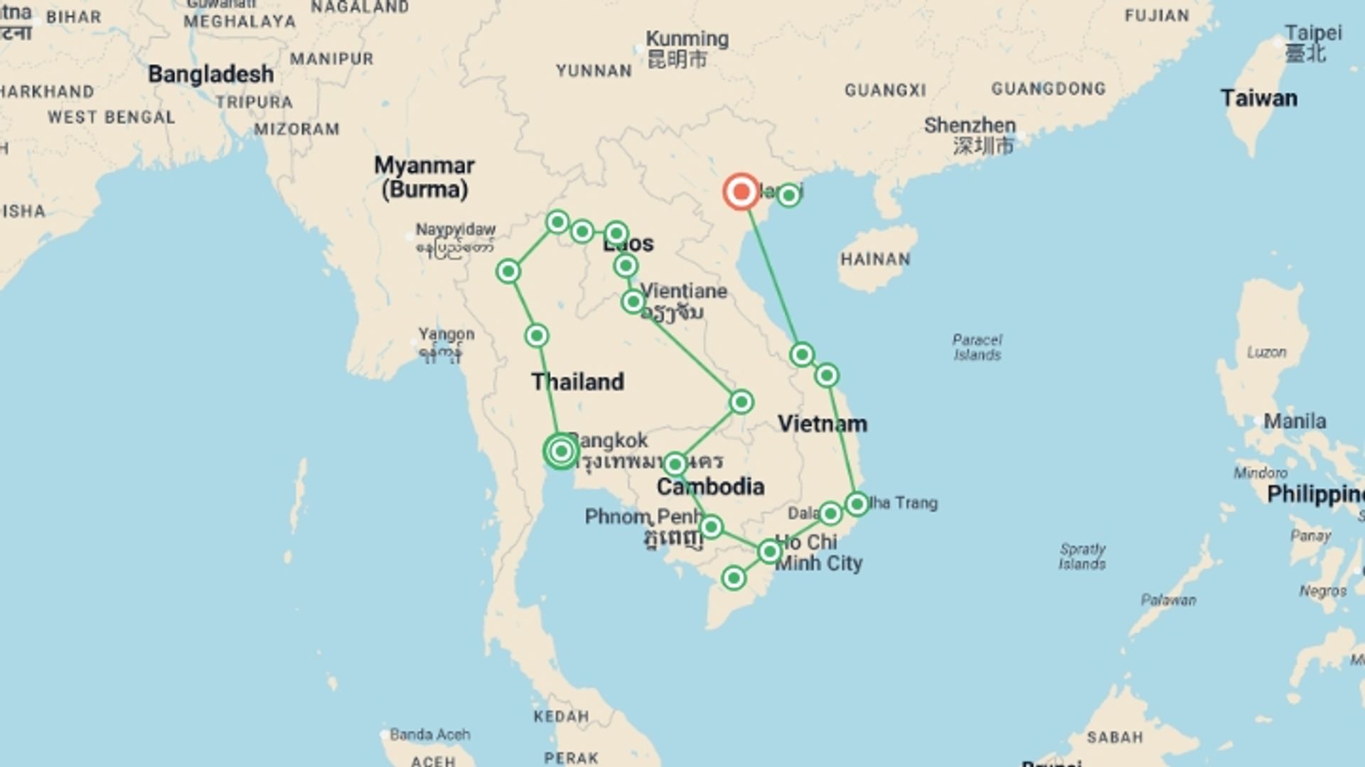 A map showing the tour itinerary for the trip: Bangkok to Hanoi (via Laos & Cambodia) Travel Pass, starting in Bangkok, Thailand and ending in Hanoi, Vietnam going through 17 other destinations.