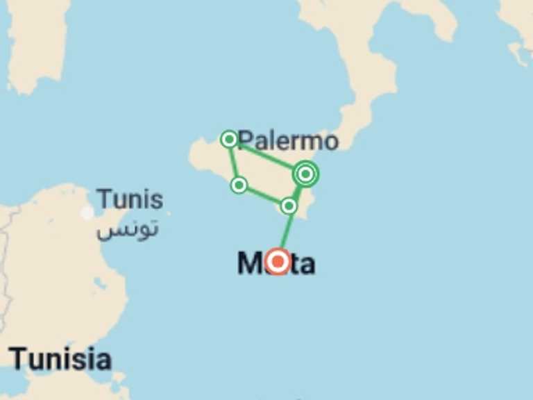 Map itinerary of Europe Tour in May 2026 with 5 destination visits for the trip: Sicily & Malta Explorer - 11 days