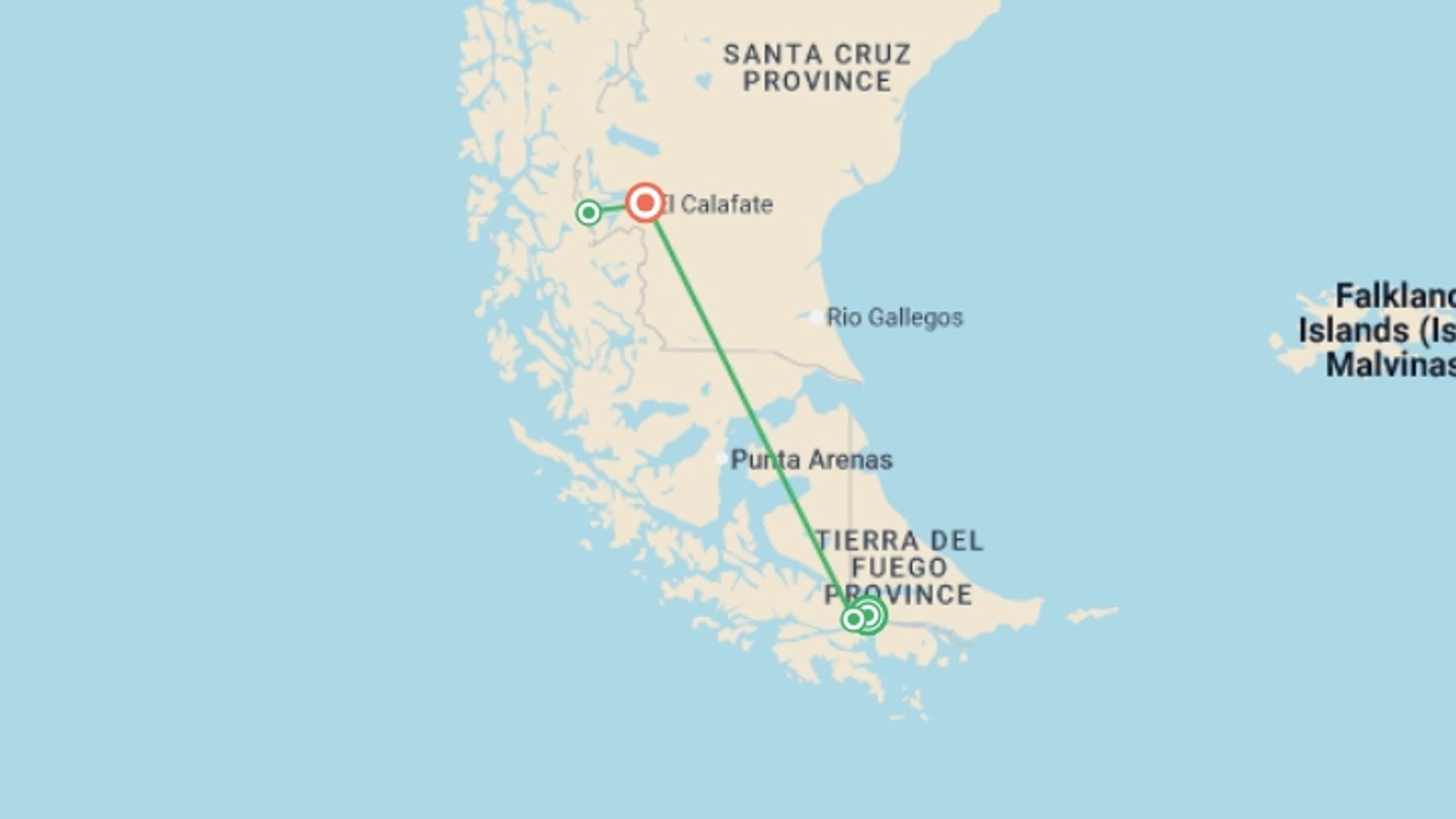 A map showing the tour itinerary for the trip: Argentina - Ushuaia and Calafate - 6 days, starting in Ushuaia, Argentina and ending in El Calafate, Argentina going through 2 other destinations.