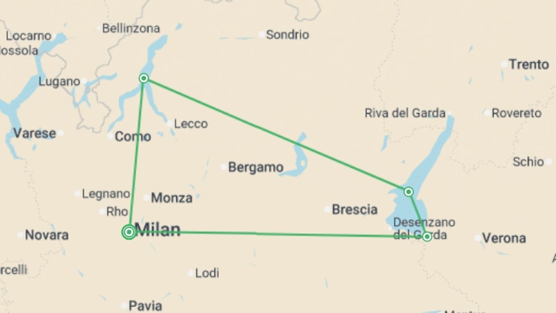 A map showing the tour itinerary for the trip: Milan, Lakes & Alps by Train - 6 days, starting in Milan, Italy and ending in Milan, Italy going through 3 other destinations.