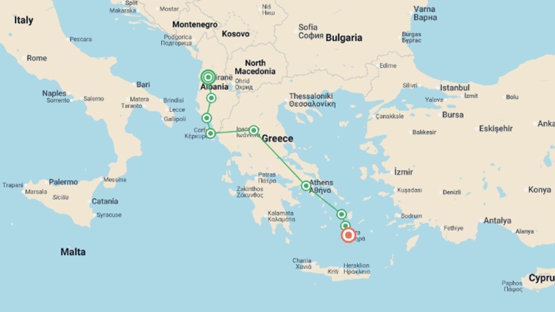A map showing the tour itinerary for the trip: Tirana to Santorini: The Albanian Riviera & Iconic Greek Islands, starting in Tirana, Albania and ending in Santorini, Greece going through 7 other destinations.