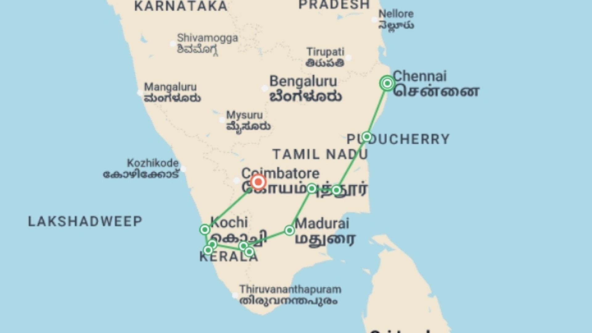 A map showing the tour itinerary for the trip: Beautiful South - 14 days, starting in Chennai, India and ending in Kerala & Tamil Nadu, India going through 9 other destinations.