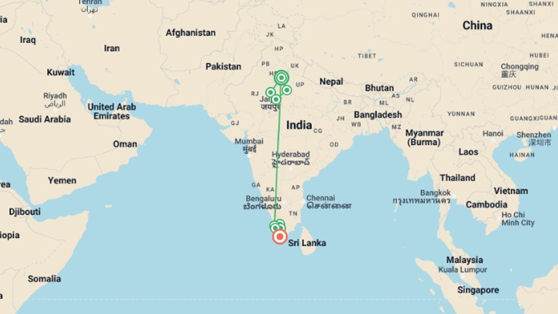 A map showing the tour itinerary for the trip: India Experience, starting in New Delhi, India and ending in Kovalam, India going through 7 other destinations.