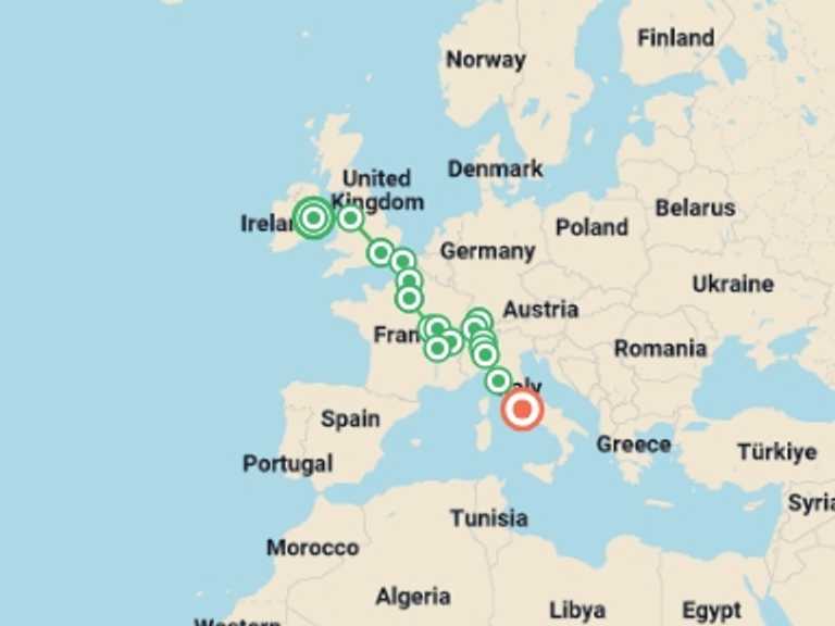 Map of Mediterranean Tour with 8 destination visits for the trip: Crossing Europe end Rome