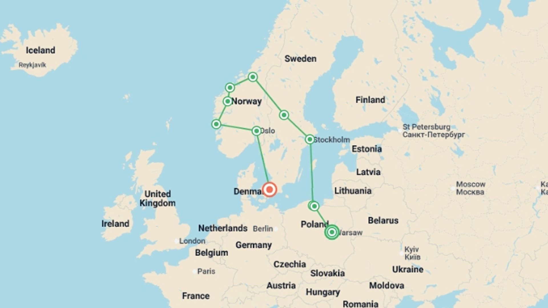 A map showing the tour itinerary for the trip: Fabulous Poland and Fjords End Copenhagen, starting in Warsaw, Poland and ending in Copenhagen, Denmark going through 9 other destinations.