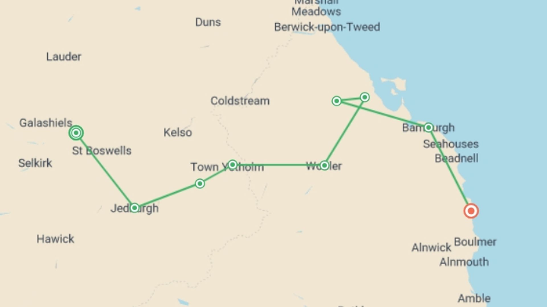 A map showing the tour itinerary for the trip: St. Cuthbert's Way, starting in Melrose, Scotland and ending in Craster, England going through 7 other destinations.