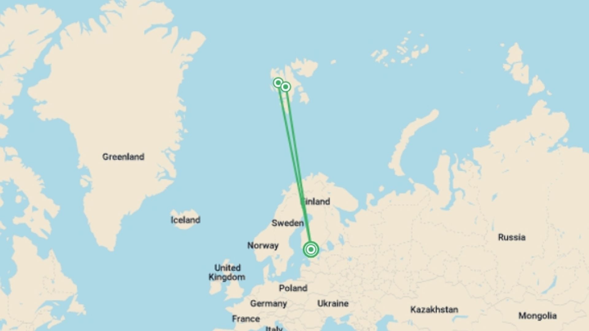 A map showing the tour itinerary for the trip: Spitsbergen Circumnavigation: A Rite of Passage, starting in Helsinki, Finland and ending in Helsinki, Finland going through 2 other destinations.