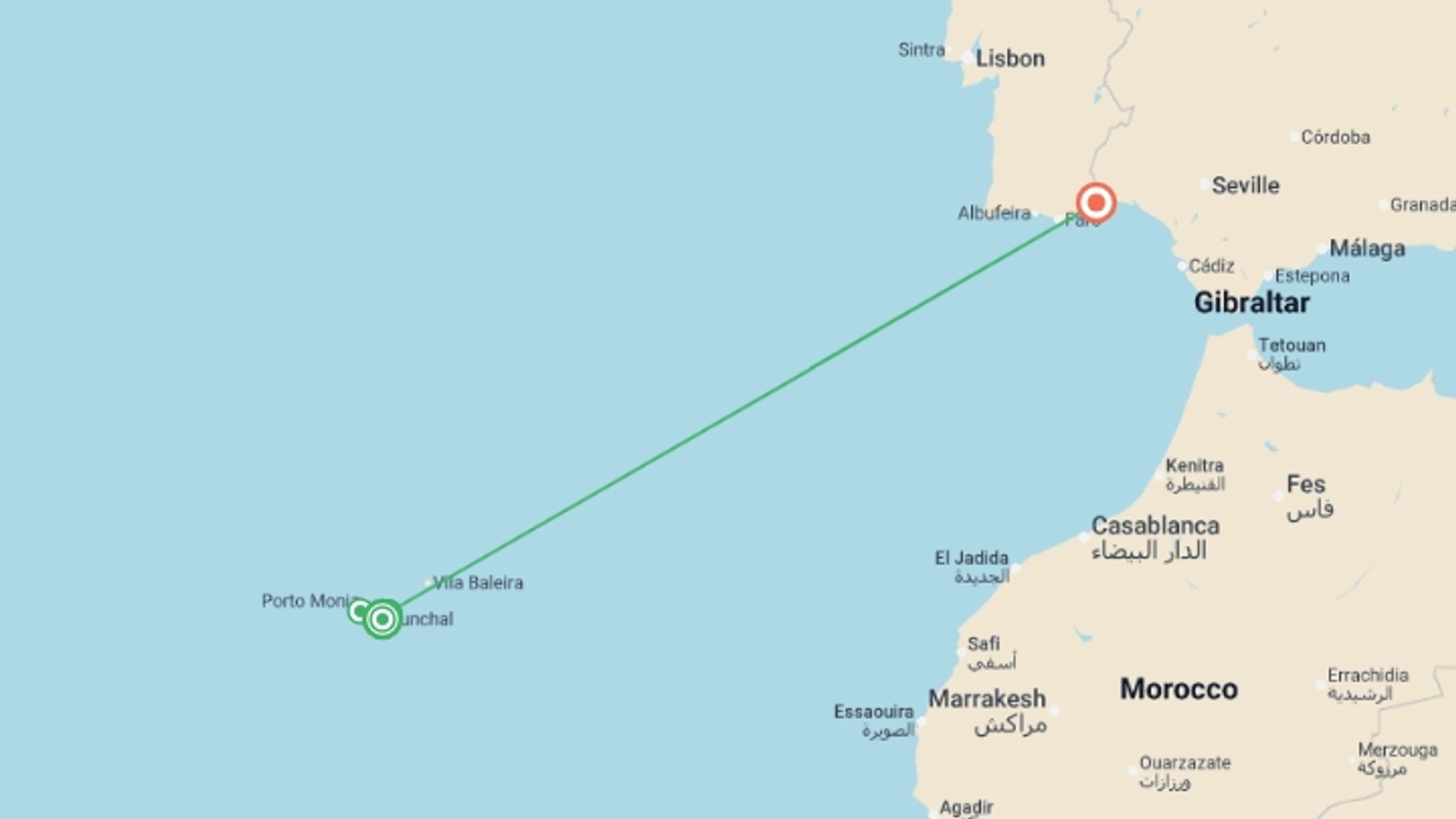A map showing the tour itinerary for the trip: Hiking in Madeira, starting in Funchal, Portugal and ending in Vila Real De Santo António, Portugal going through 3 other destinations.