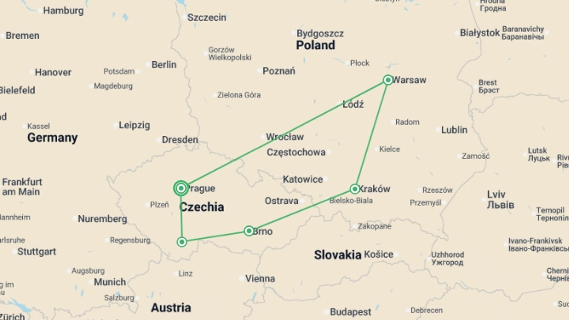 A map showing the tour itinerary for the trip: Between Stories and Castles to Essential Poland, starting in Prague, Czech Republic and ending in Prague, Czech Republic going through 4 other destinations.