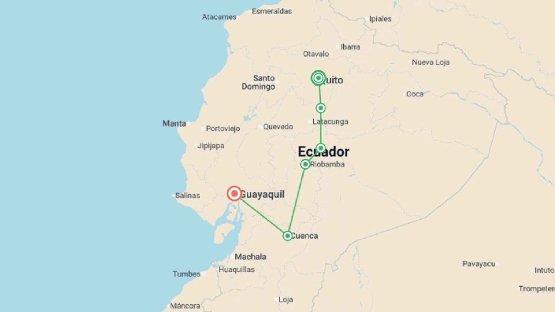 A map showing the tour itinerary for the trip: 8-day Ecuadorian Andes & Coastal Escape: Cotopaxi, Quilotoa, Baños, Chimborazo, Ingapirca, Cajas & Guayaquil, Private Tour, starting in Quito, Ecuador and ending in Guayaquil, Ecuador going through 4 other destinations.