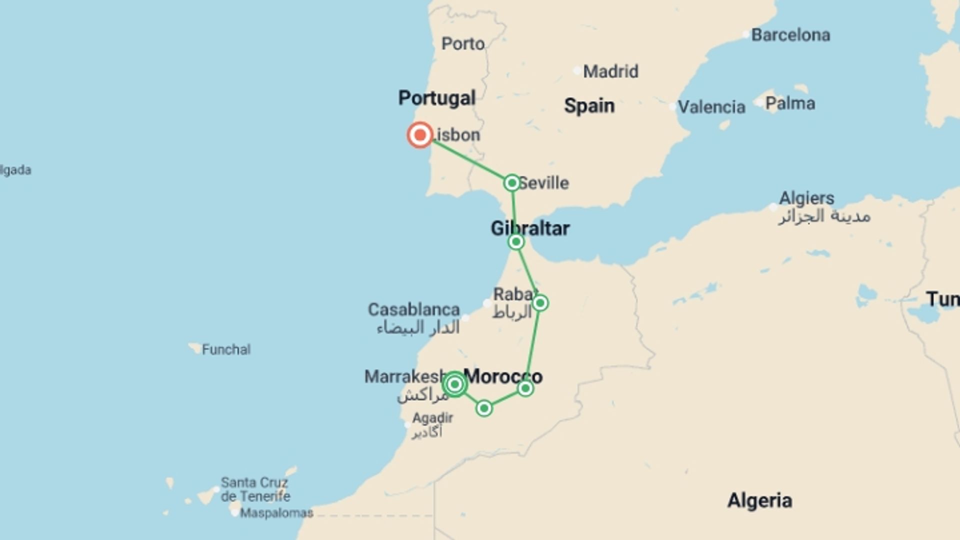 A map showing the tour itinerary for the trip: From Marrakesh to Lisbon, starting in Marrakech, Morocco and ending in Lisbon, Portugal going through 5 other destinations.