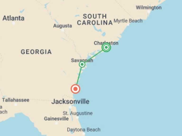 Map itinerary of North America Tour in September 2027 with 3 destination visits for the trip: Charms of Southeast USA