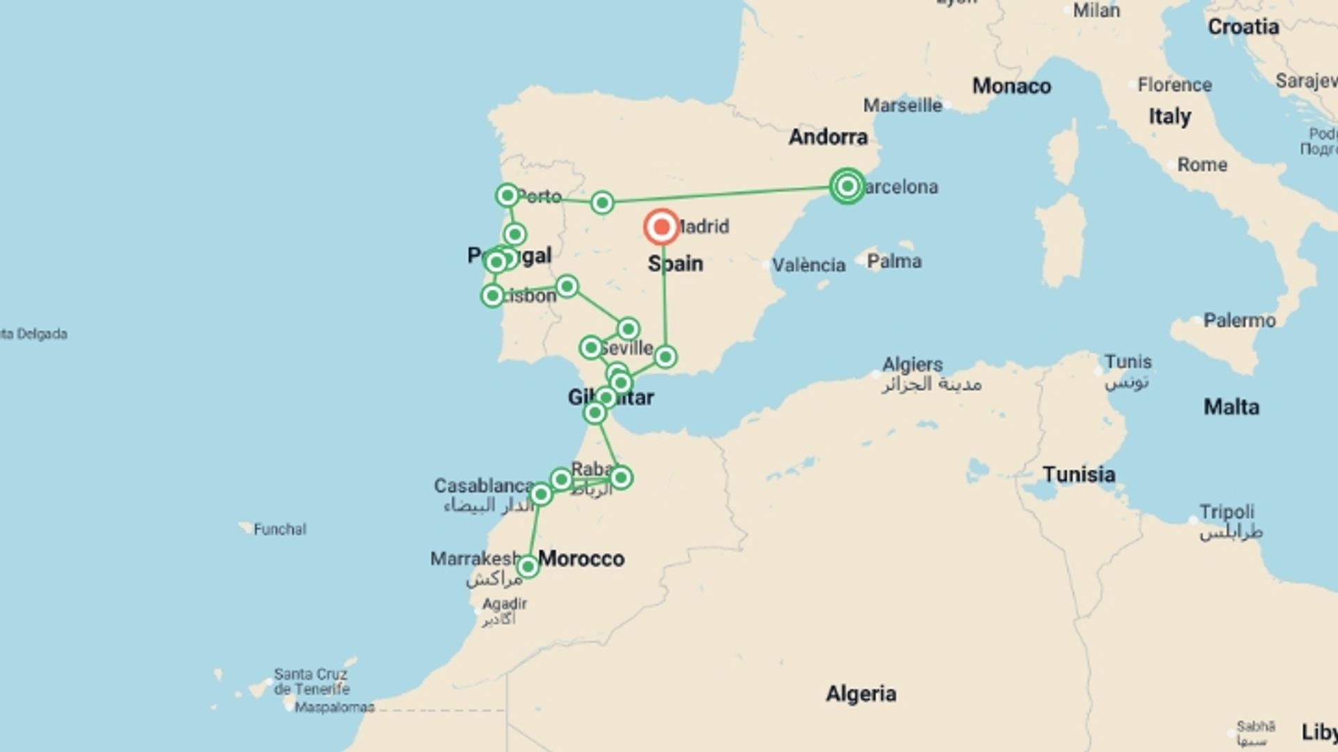 A map showing the tour itinerary for the trip: Spain, Portugal and Morocco Panorama - 22 days, starting in Barcelona, Spain and ending in Madrid, Spain going through 10 other destinations.