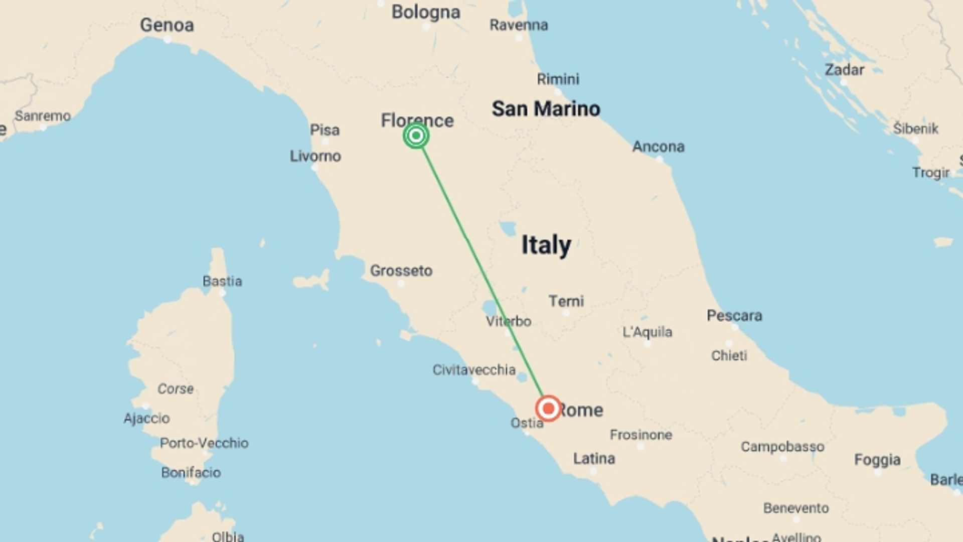A map showing the tour itinerary for the trip: In The Footsteps Of Michelangelo, Private Tour, starting in Florence, Italy and ending in Rome, Italy going through 0 other destinations.