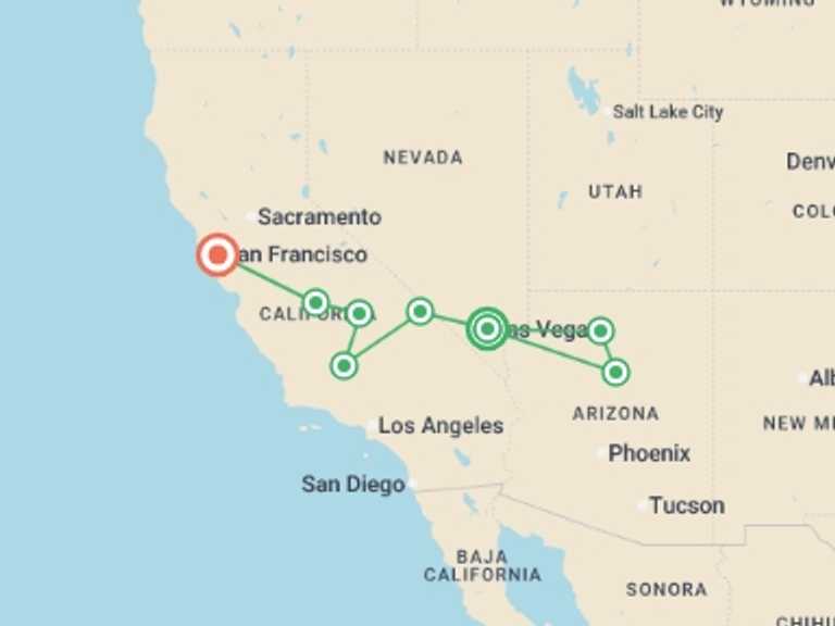 Map of a Sightseeing Tour with 5 destination visits for the trip: Great Cities of the West, Ending in San Francisco