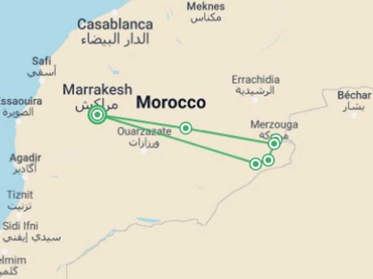 Map itinerary of Marrakech Tour in Summer with 10 destination visits for the trip: Trekking in the Moroccan Sahara
