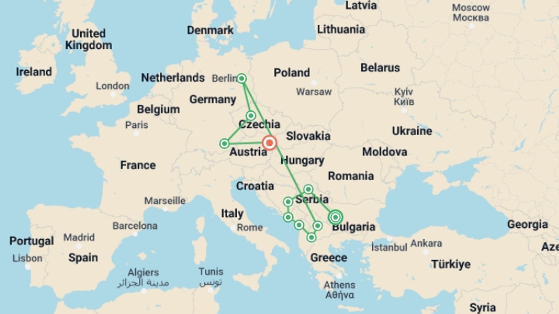 A map showing the tour itinerary for the trip: Amazing Balkans & Central Europe (4 Star Hotels), starting in Sofia, Bulgaria and ending in Vienna, Austria going through 9 other destinations.