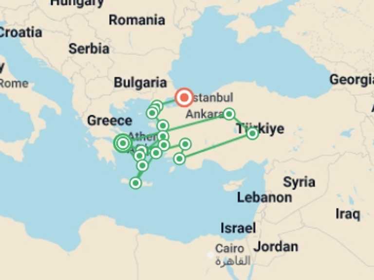 Map of 14-Day Europe Tour with 11 destination visits for the trip: Best Of Greece And Turkey With 3-day Cruise (small Group)