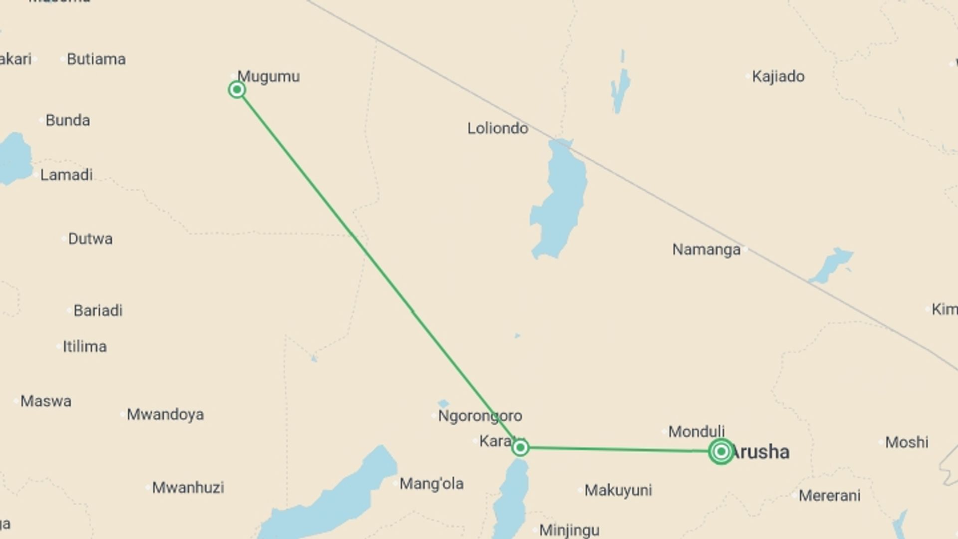 A map showing the tour itinerary for the trip: Tanzania Adventure, starting in Arusha, Tanzania and ending in Arusha, Tanzania going through 2 other destinations.
